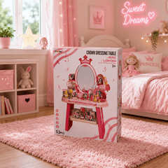 Royal Crown Vanity Dressing Table with LED Mirror, Magic Music & Pretend Beauty Accessories – 53 Pcs