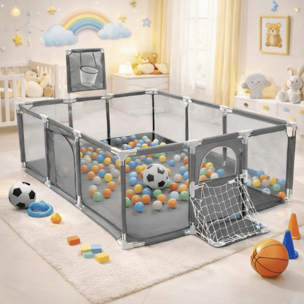 3-in-1 Kids Ball Pit Playpen Arena – Basketball Hoop & Football Goal Set 🏀⚽🎪
