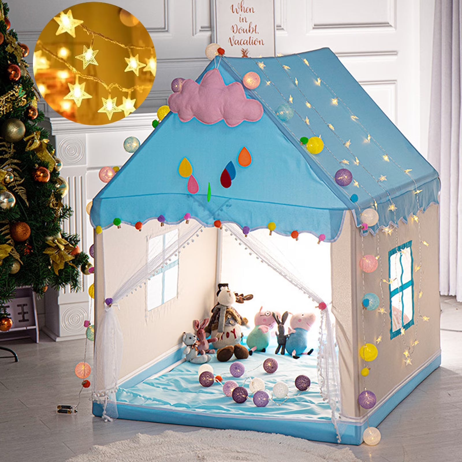 Modern Blue Castle Tent House with Curtains & Window